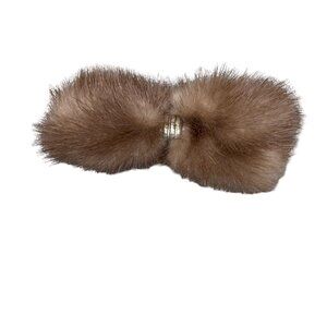 Vintage Brown Mink Fur Bow Tie Brooch Hair Clip With Silver Accents Made Italy